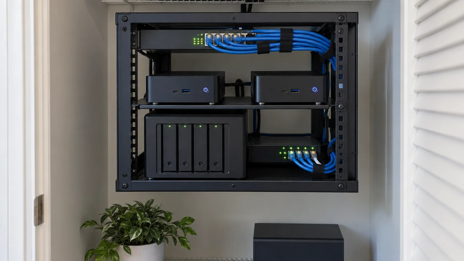 A small home lab rack holding mini PCs, a NAS and a switch with neatly bundled cables.