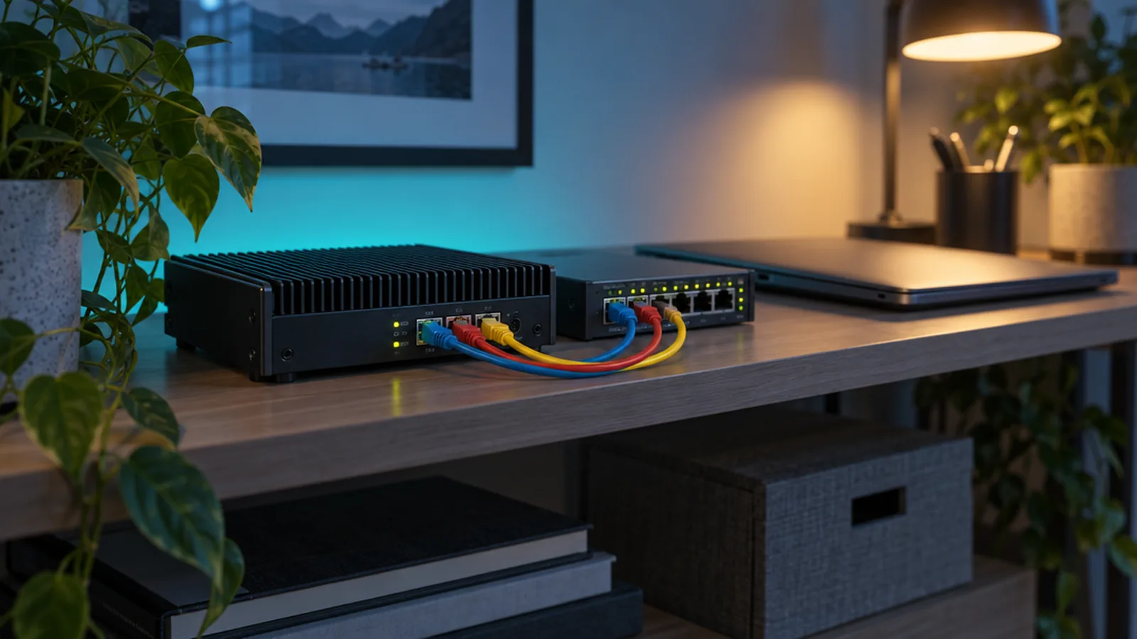 A compact firewall appliance with color-coded patch cables running to a small switch.